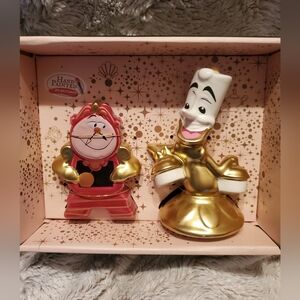 New Disney Beauty & The Beast Cogsworth Clock Lumiere Salt & Pepper Shakers Set